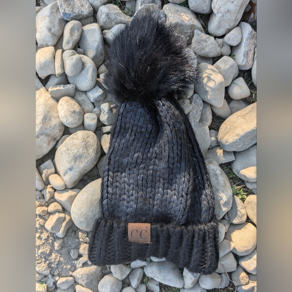 Black Foil Cuff Beanie with Faux Pom